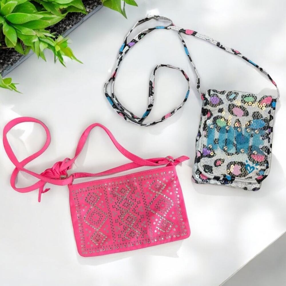 Lot of 2 Justice Purses Pink with Straps and White Blue Cheetah Print